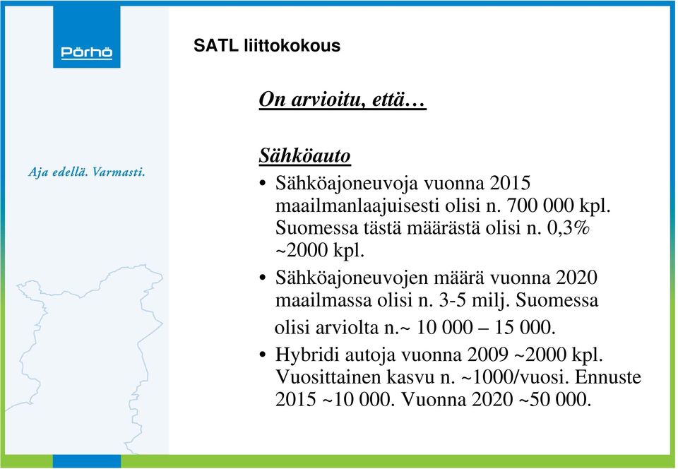 Sähköajoneuvojen määrä vuonna 2020 maailmassa olisi n. 3-5 milj. Suomessa olisi arviolta n.