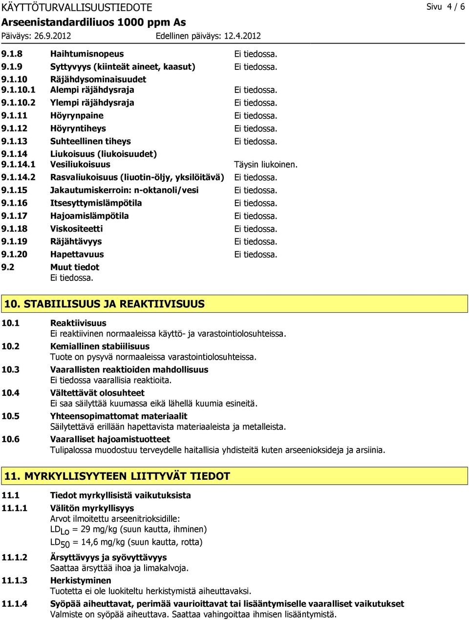1.16 Itsesyttymislämpötila 9.1.17 Hajoamislämpötila 9.1.18 Viskositeetti 9.1.19 Räjähtävyys 9.1.20 Hapettavuus 9.2 Muut tiedot 10. STABIILISUUS JA REAKTIIVISUUS 10.