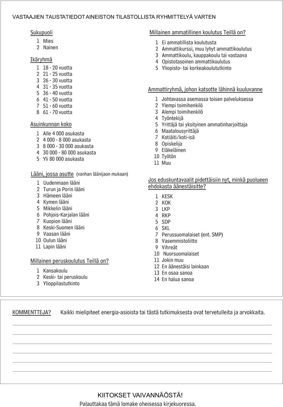 mukaan) 1 Uudenmaan lääni 2 Turun ja Porin lääni 3 Hämeen lääni 4 Kymen lääni 5 Mikkelin lääni 6 Pohjois-Karjalan lääni 7 Kuopion lääni 8 Keski-Suomen lääni 9 Vaasan lääni 10 Oulun lääni 11 Lapin