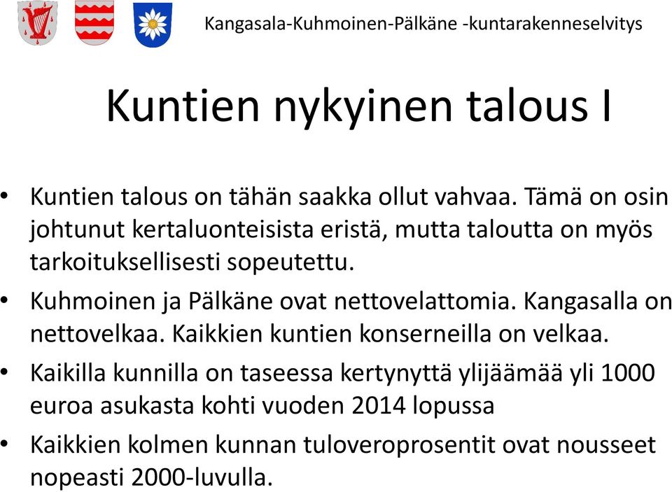 Kuhmoinen ja Pälkäne ovat nettovelattomia. Kangasalla on nettovelkaa. Kaikkien kuntien konserneilla on velkaa.