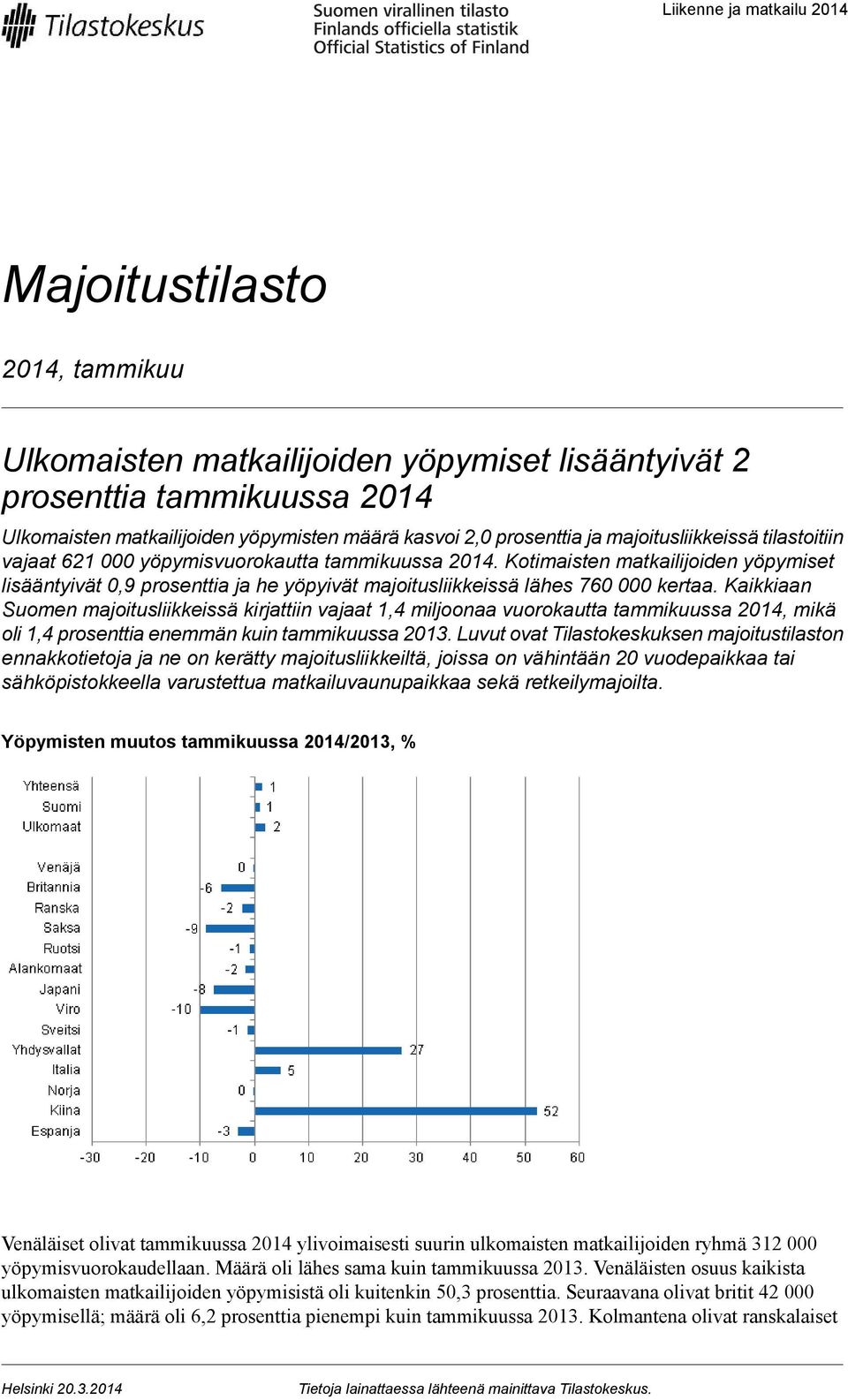 Kotimaisten matkailijoiden yöpymiset lisääntyivät 0,9 prosenttia ja he yöpyivät majoitusliikkeissä lähes 760 000 kertaa.