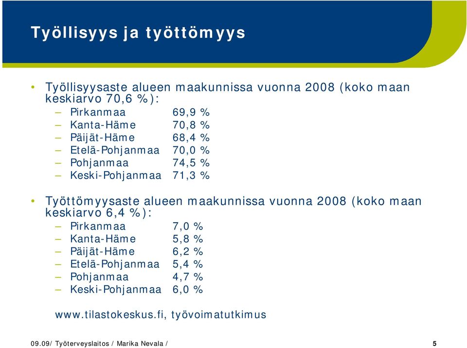 maakunnissa vuonna 2008 (koko maan keskiarvo 6,4 %): Pirkanmaa 7,0 % Kanta-Häme 5,8 % Päijät-Häme 6,2 % Etelä-Pohjanmaa