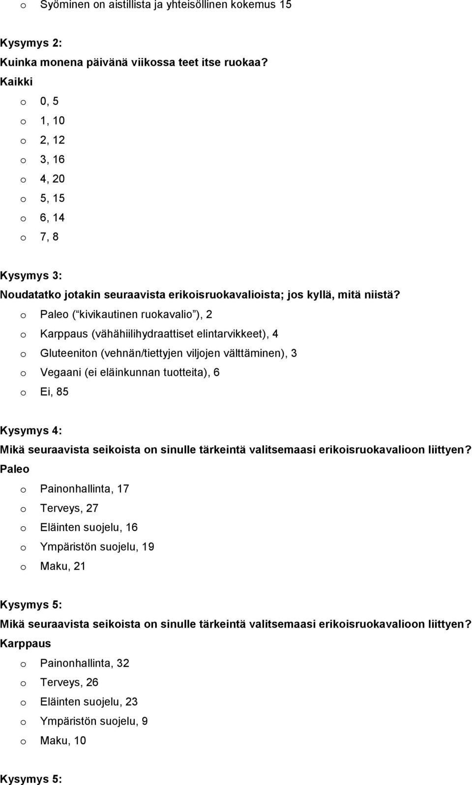 o ( kivikautinen ruokavalio ), 2 o (vähähiilihydraattiset elintarvikkeet), 4 o (vehnän/tiettyjen viljojen välttäminen), 3 o (ei eläinkunnan tuotteita), 6 o Ei, 85 Kysymys 4: Mikä seuraavista