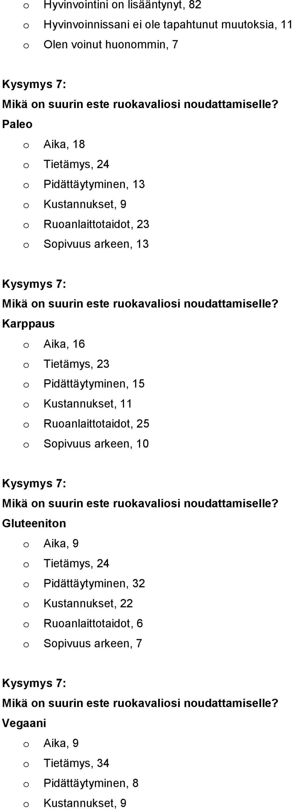 o Aika, 16 o Tietämys, 23 o Pidättäytyminen, 15 o Kustannukset, 11 o Ruoanlaittotaidot, 25 o Sopivuus arkeen, 10 Kysymys 7: Mikä on suurin este ruokavaliosi noudattamiselle?