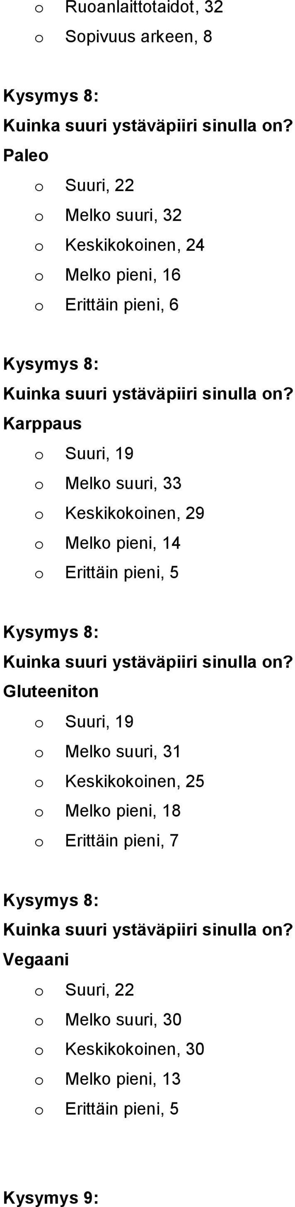 o Suuri, 19 o Melko suuri, 33 o Keskikokoinen, 29 o Melko pieni, 14 o Erittäin pieni, 5 Kysymys 8: Kuinka suuri ystäväpiiri sinulla on?