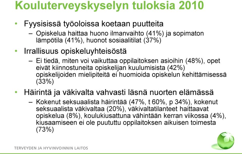 mielipiteitä ei huomioida opiskelun kehittämisessä (33%) Häirintä ja väkivalta vahvasti läsnä nuorten elämässä Kokenut seksuaalista häirintää (47%, t 60%, p 34%), kokenut