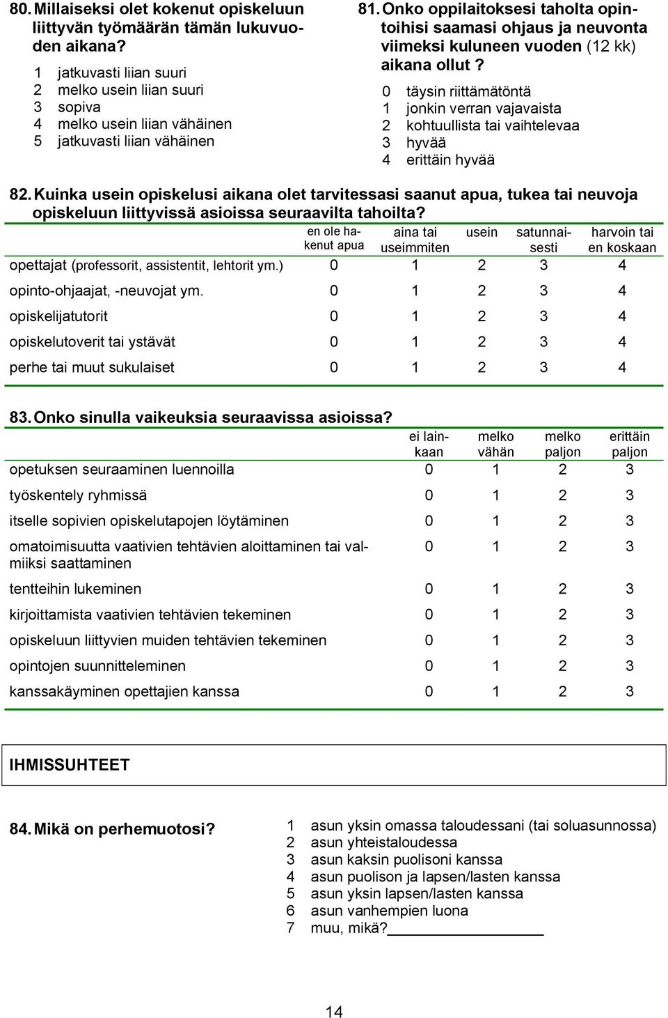 Onko oppilaitoksesi taholta opintoihisi saamasi ohjaus ja neuvonta viimeksi kuluneen vuoden (12 kk) aikana ollut?