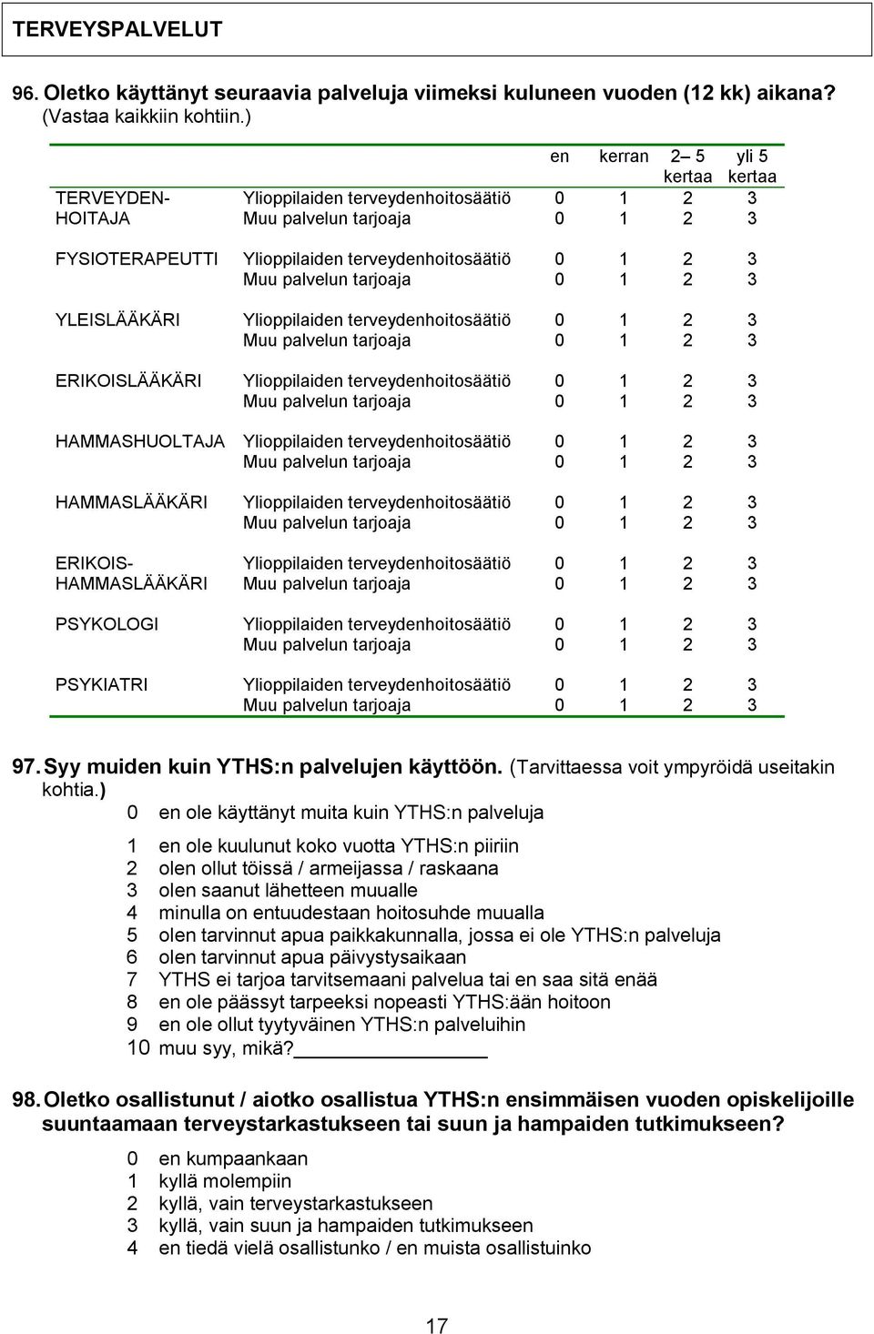 palvelun tarjoaja 0 1 2 3 Ylioppilaiden terveydenhoitosäätiö 0 1 2 3 Muu palvelun tarjoaja 0 1 2 3 Ylioppilaiden terveydenhoitosäätiö 0 1 2 3 Muu palvelun tarjoaja 0 1 2 3 Ylioppilaiden