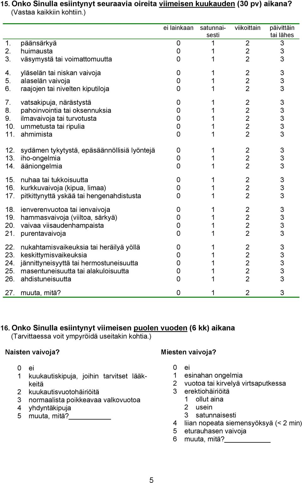 vatsakipuja, närästystä 0 1 2 3 8. pahoinvointia tai oksennuksia 0 1 2 3 9. ilmavaivoja tai turvotusta 0 1 2 3 10. ummetusta tai ripulia 0 1 2 3 11. ahmimista 0 1 2 3 12.