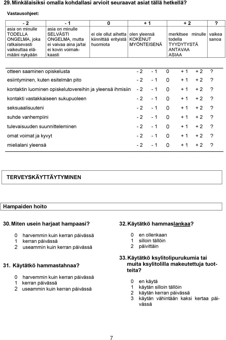 voimakkaasti ANTAVAA ASIAA asia on minulle TODELLA ONGELMA, joka ratkaisevasti vaikeuttaa elämääni nykyään vaikea sanoa otteen saaminen opiskelusta 2 1 0 + 1 + 2?