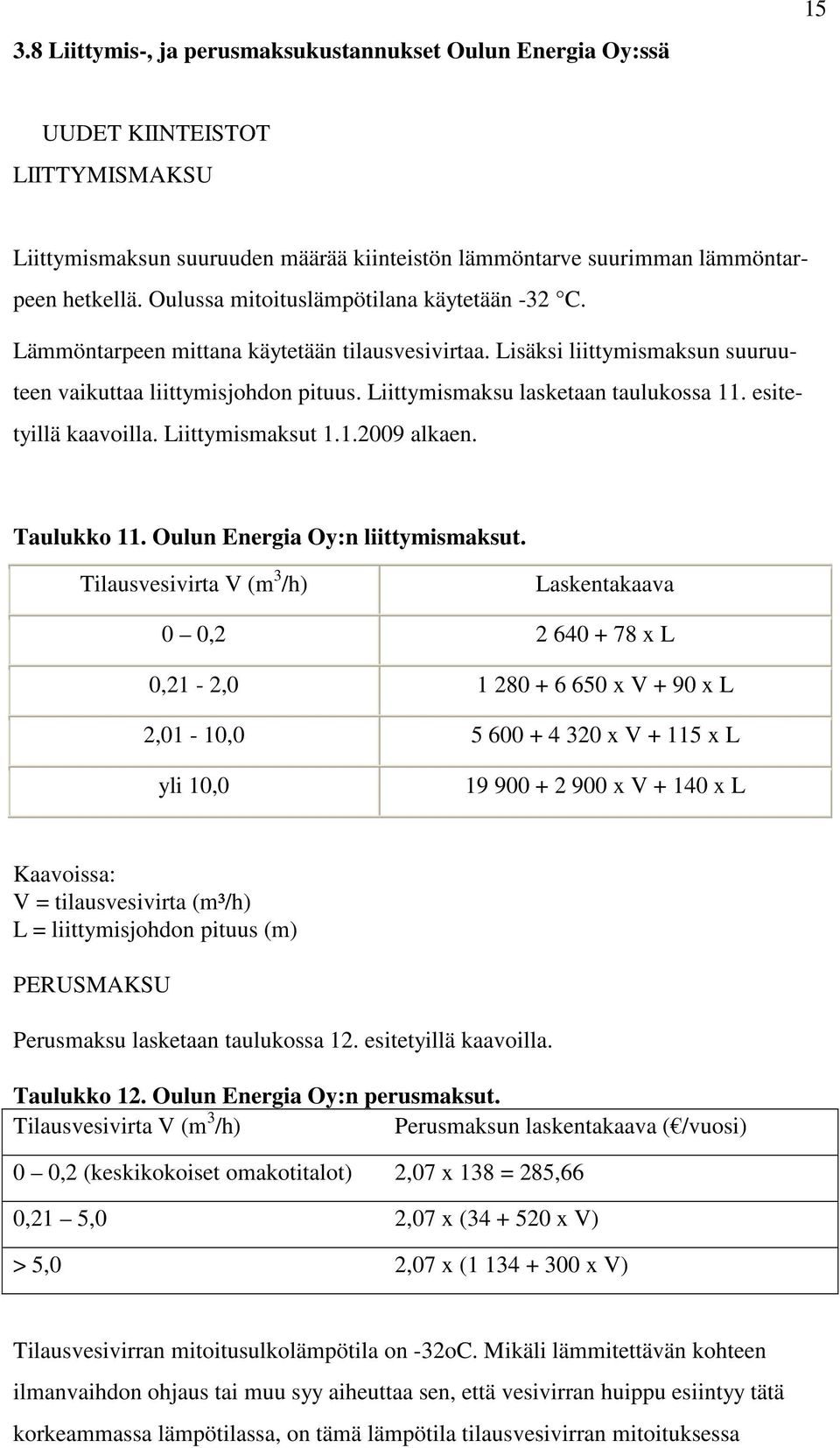 Liittymismaksu lasketaan taulukossa 11. esitetyillä kaavoilla. Liittymismaksut 1.1.2009 alkaen. Taulukko 11. Oulun Energia Oy:n liittymismaksut.