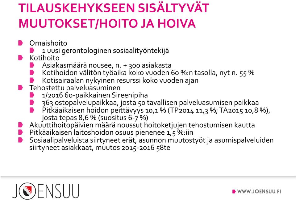 55 % Kotisairaalan nykyinen resurssi koko vuoden ajan Tehostettu palveluasuminen 1/2016 60- paikkainen Sireenipiha 363 ostopalvelupaikkaa, josta 50 tavallisen palveluasumisen