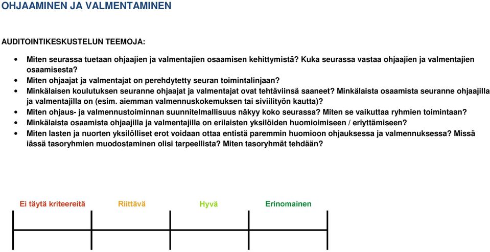 Minkälaista osaamista seuranne ohjaajilla ja valmentajilla on (esim. aiemman valmennuskokemuksen tai siviilityön kautta)? Miten ohjaus- ja valmennustoiminnan suunnitelmallisuus näkyy koko seurassa?