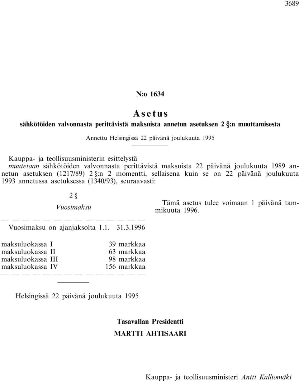 annetussa asetuksessa (1340/93), seuraavasti: 2 Vuosimaksu Vuosimaksu on ajanjaksolta 1.1. 31.3.1996 Tämä asetus tulee voimaan 1 päivänä tammikuuta 1996.