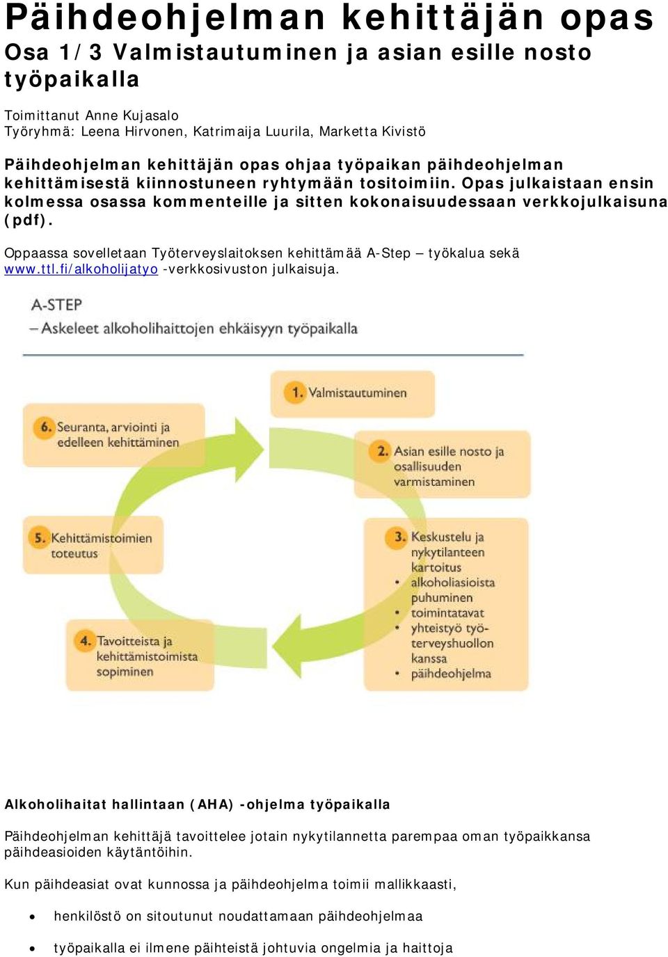 Opas julkaistaan ensin kolmessa osassa kommenteille ja sitten kokonaisuudessaan verkkojulkaisuna (pdf). Oppaassa sovelletaan Työterveyslaitoksen kehittämää A-Step työkalua sekä www.ttl.