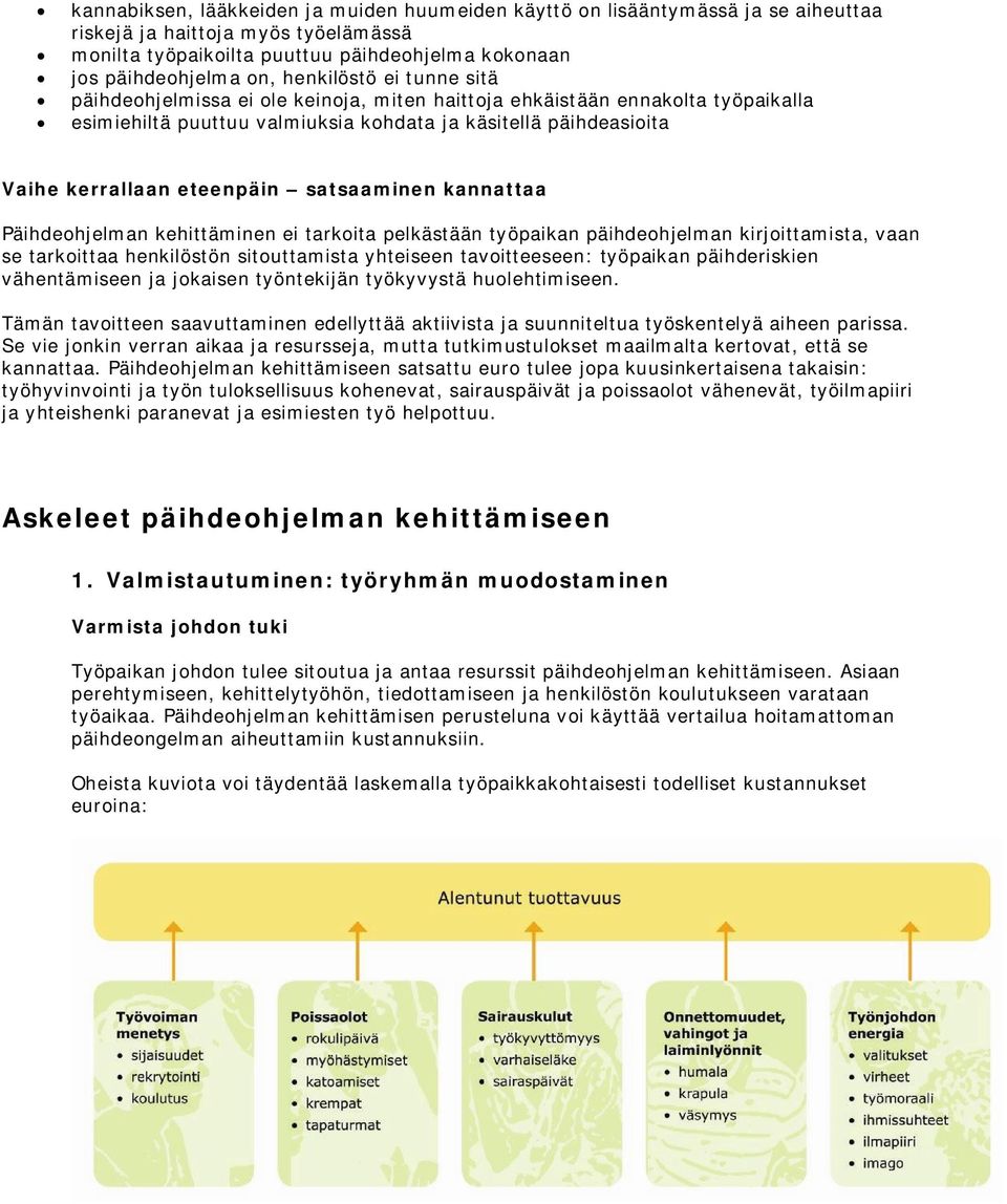 satsaaminen kannattaa Päihdeohjelman kehittäminen ei tarkoita pelkästään työpaikan päihdeohjelman kirjoittamista, vaan se tarkoittaa henkilöstön sitouttamista yhteiseen tavoitteeseen: työpaikan