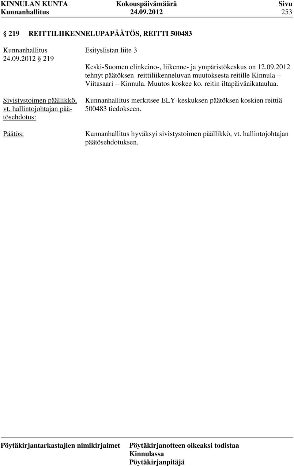 2012 tehnyt päätöksen reittiliikenneluvan muutoksesta reitille Kinnula Viitasaari Kinnula. Muutos koskee ko.