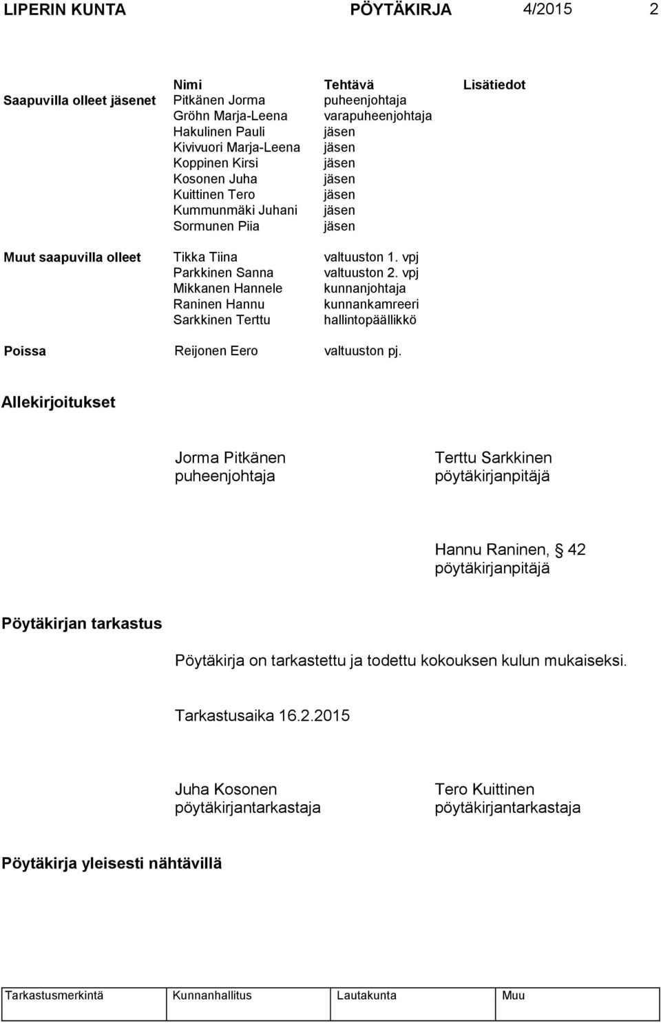vpj Mikkanen Hannele kunnanjohtaja Raninen Hannu kunnankamreeri Sarkkinen Terttu hallintopäällikkö Poissa Reijonen Eero valtuuston pj.