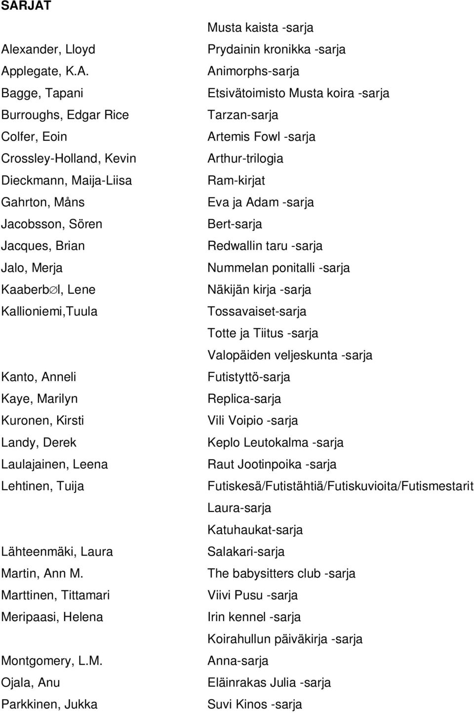 Marttinen, Tittamari Meripaasi, Helena Montgomery, L.M. Ojala, Anu Parkkinen, Jukka Musta kaista -sarja Prydainin kronikka -sarja Animorphs-sarja Etsivätoimisto Musta koira -sarja Tarzan-sarja