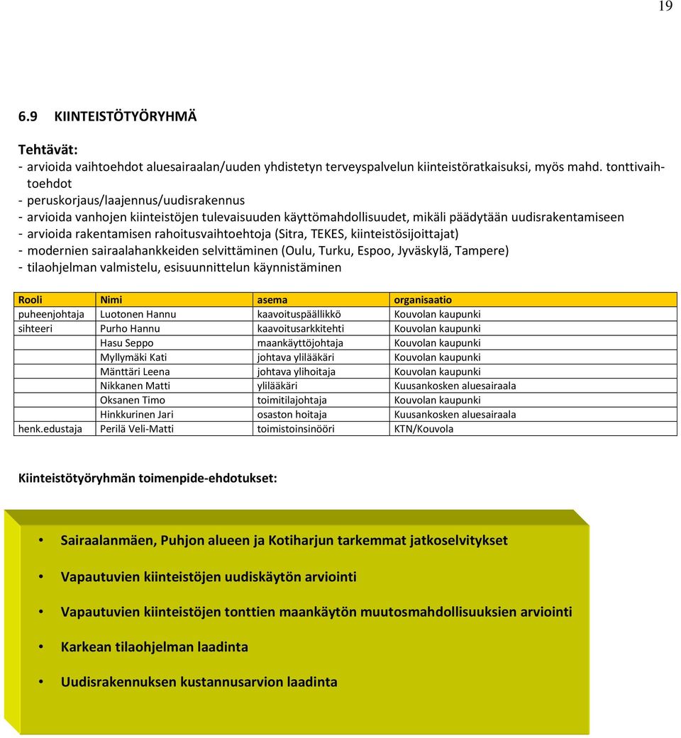 rahoitusvaihtoehtoja (Sitra, TEKES, kiinteistösijoittajat) - modernien sairaalahankkeiden selvittäminen (Oulu, Turku, Espoo, Jyväskylä, Tampere) - tilaohjelman valmistelu, esisuunnittelun