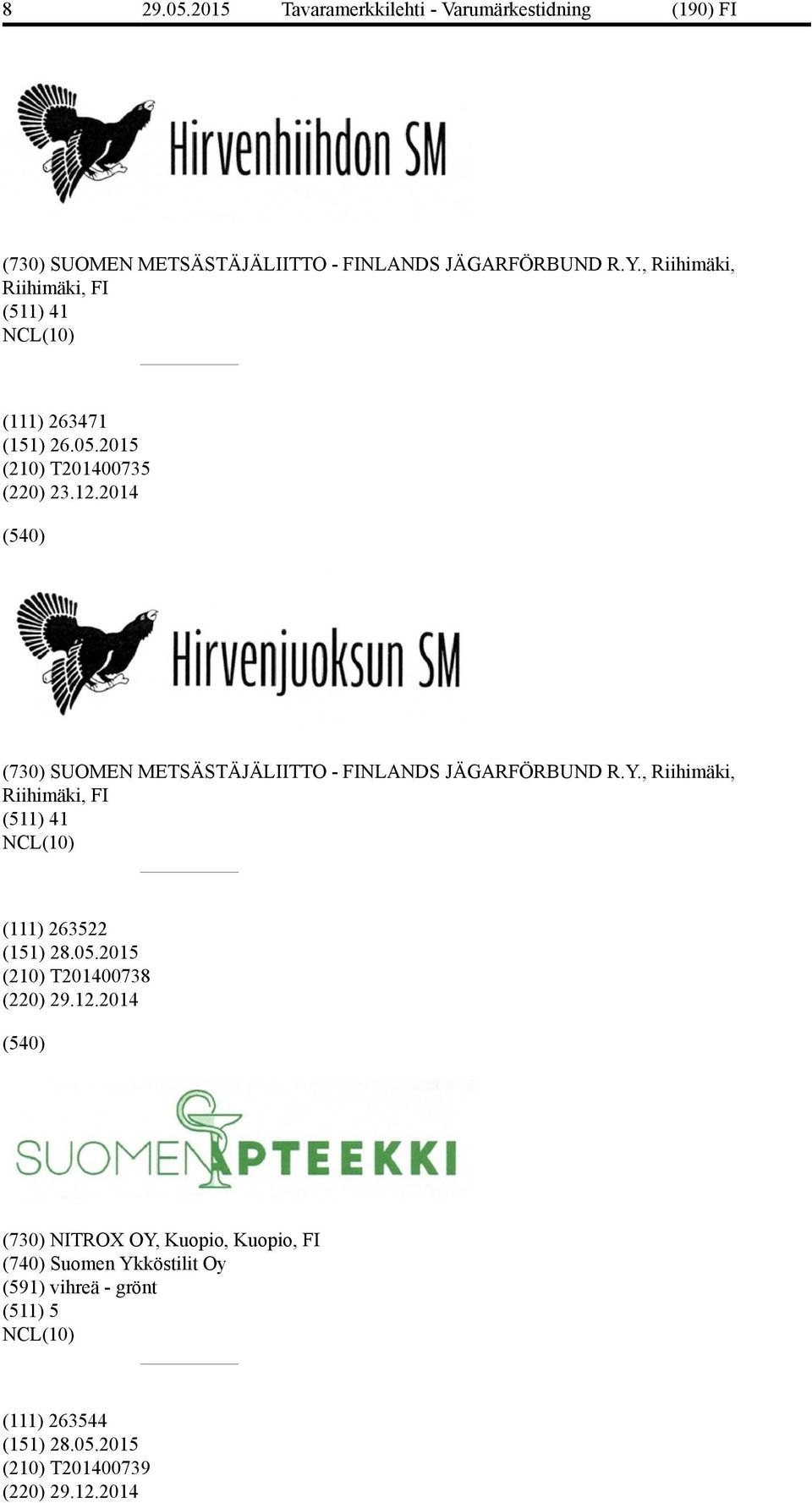 2014 (730) SUOMEN METSÄSTÄJÄLIITTO - FINLANDS JÄGARFÖRBUND R.Y.