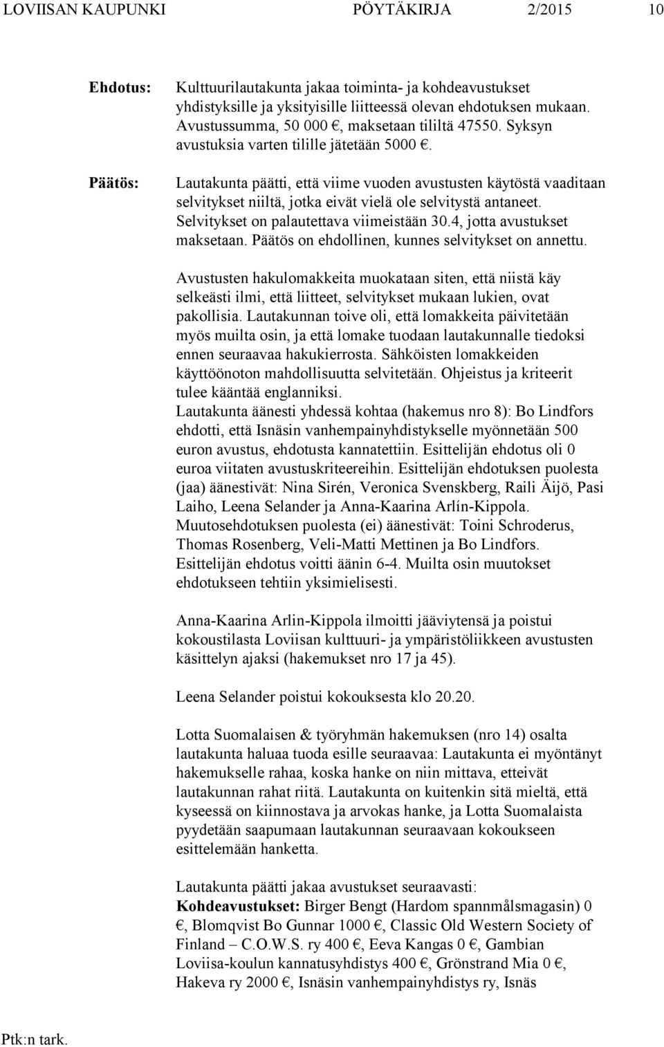 Lautakunta päätti, että viime vuoden avustusten käytöstä vaaditaan selvitykset niiltä, jotka eivät vielä ole selvitystä antaneet. Selvitykset on palautettava viimeistään 30.