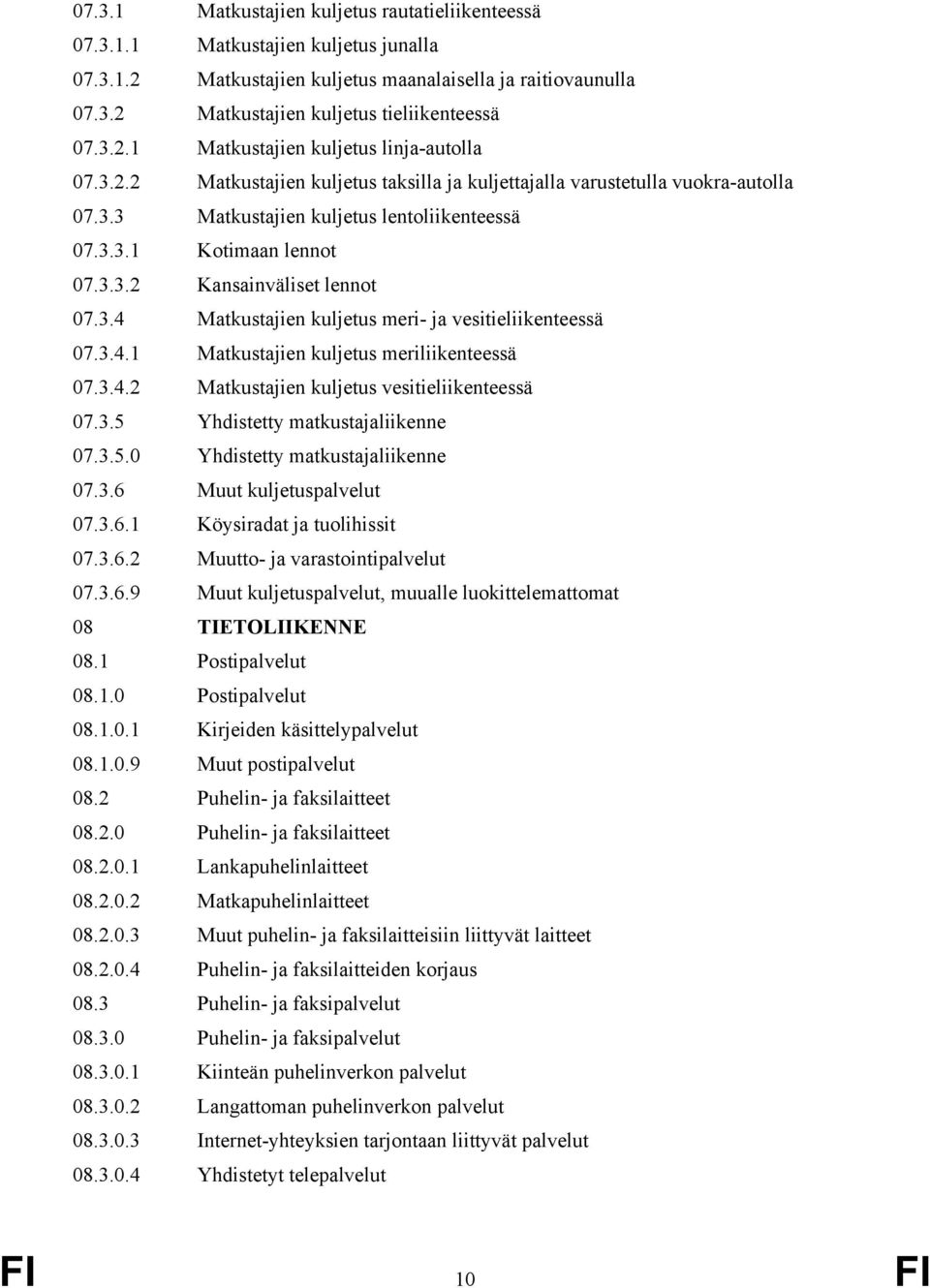 3.3.2 Kansainväliset lennot 07.3.4 Matkustajien kuljetus meri- ja vesitieliikenteessä 07.3.4.1 Matkustajien kuljetus meriliikenteessä 07.3.4.2 Matkustajien kuljetus vesitieliikenteessä 07.3.5 Yhdistetty matkustajaliikenne 07.