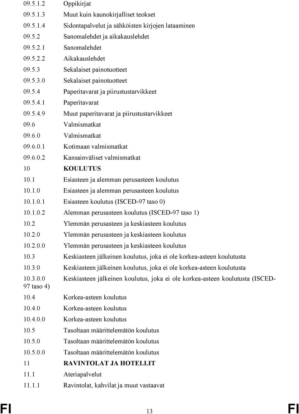 6 Valmismatkat 09.6.0 Valmismatkat 09.6.0.1 Kotimaan valmismatkat 09.6.0.2 Kansainväliset valmismatkat 10 KOULUTUS 10.1 Esiasteen ja alemman perusasteen koulutus 10.1.0 Esiasteen ja alemman perusasteen koulutus 10.