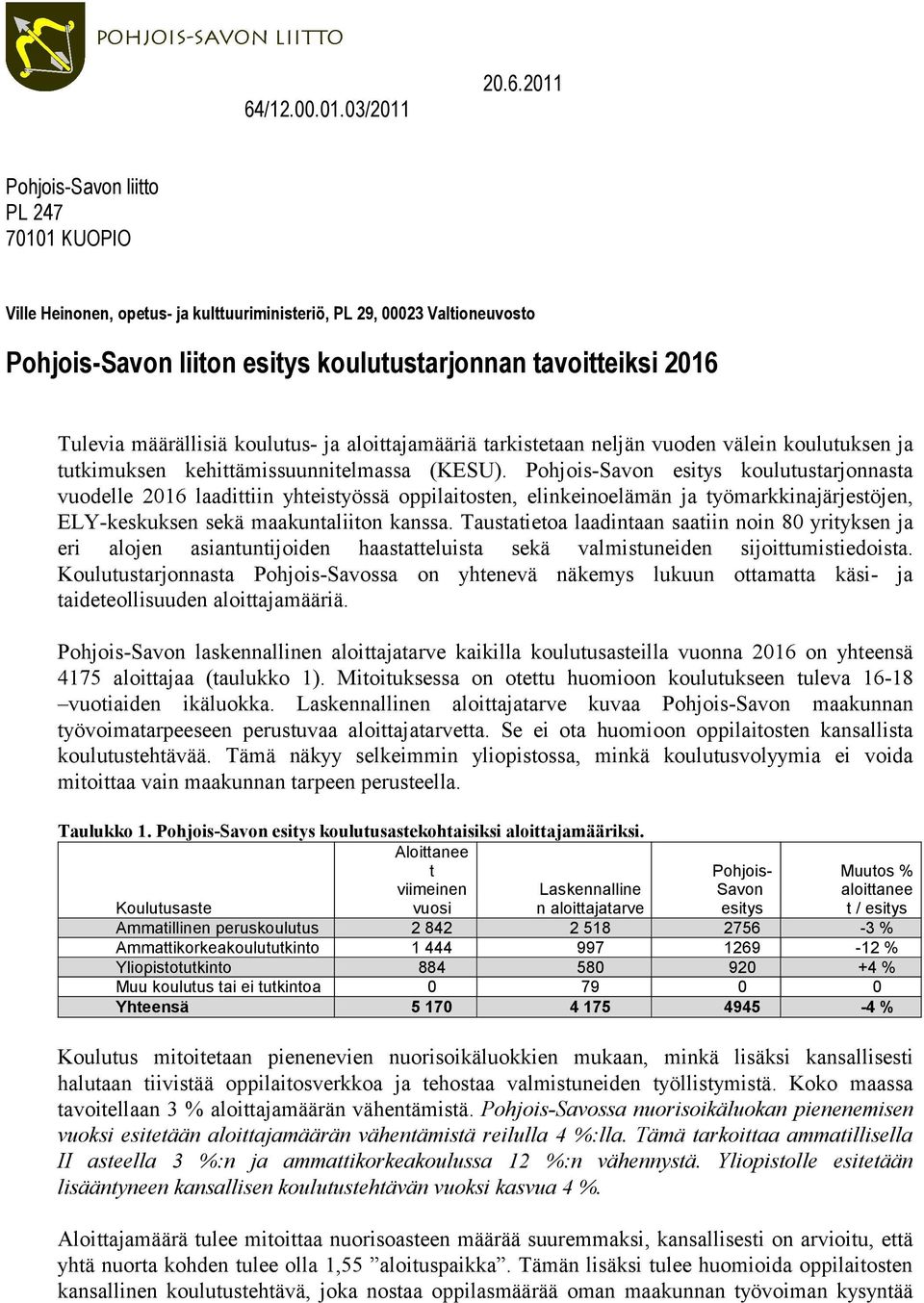 Pohjois-Savon esitys koulutustarjonnasta vuodelle 2016 laadittiin yhteistyössä oppilaitosten, elinkeinoelämän ja työmarkkinajärjestöjen, ELY-keskuksen sekä maakuntaliiton kanssa.