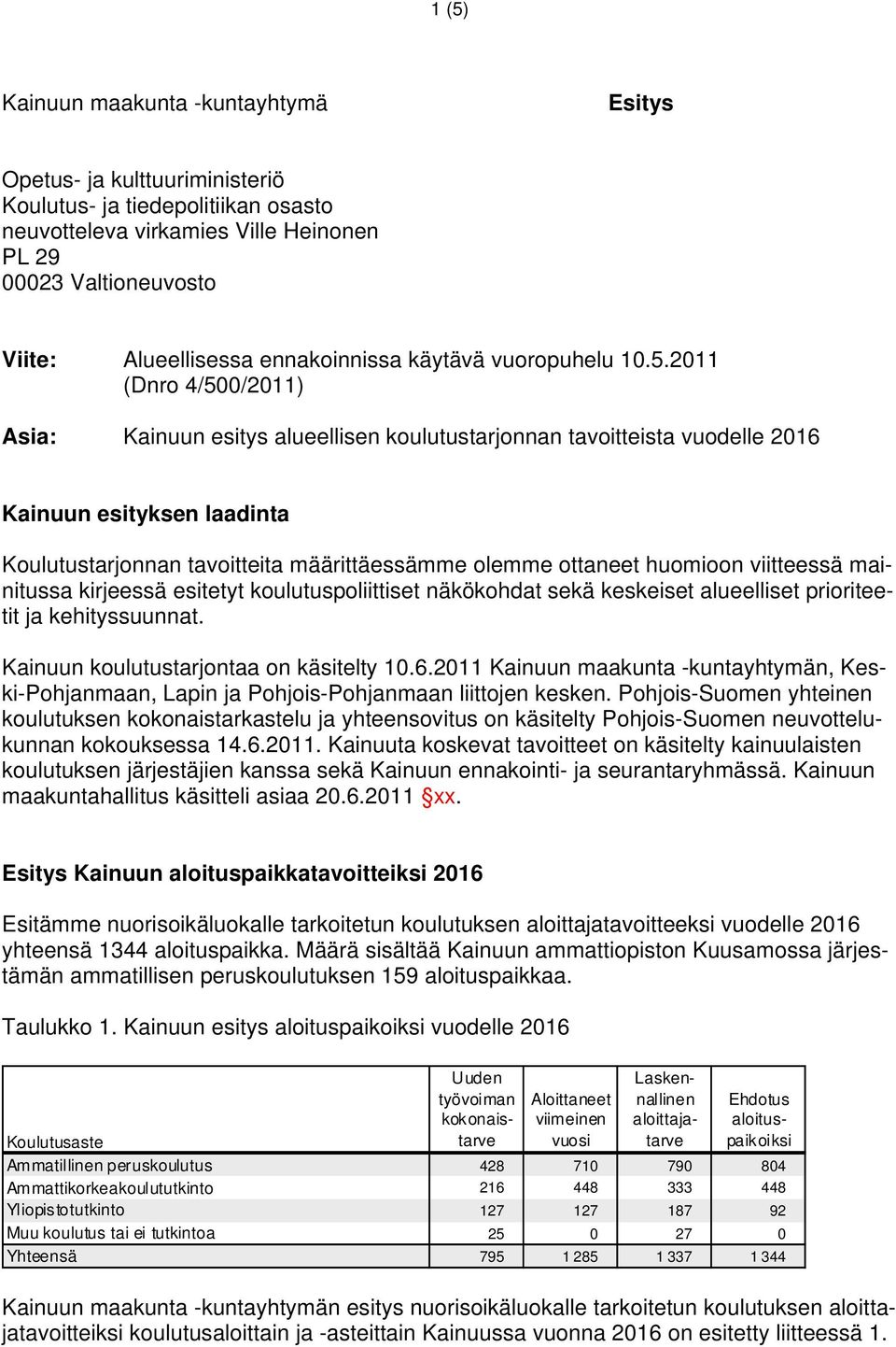 211 (Dnro 4/5/211) Asia: Kainuun esitys alueellisen koulutustarjonnan tavoitteista vuodelle 216 Kainuun esityksen laadinta Koulutustarjonnan tavoitteita määrittäessämme olemme ottaneet huomioon