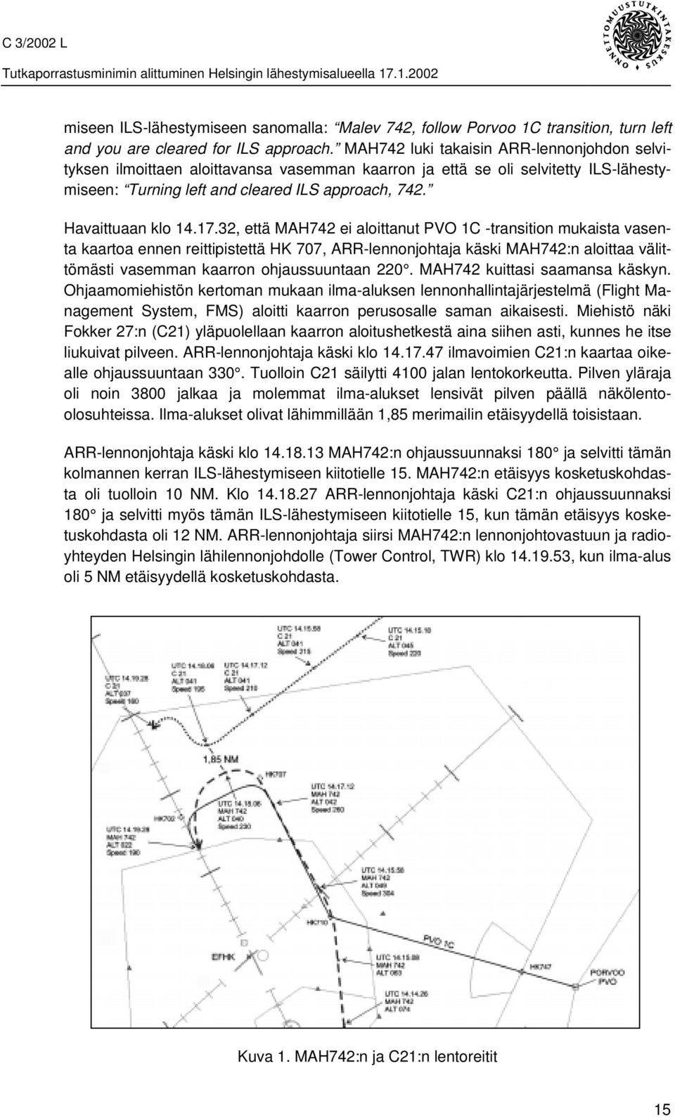 17.32, että MAH742 ei aloittanut PVO 1C -transition mukaista vasenta kaartoa ennen reittipistettä HK 707, ARR-lennonjohtaja käski MAH742:n aloittaa välittömästi vasemman kaarron ohjaussuuntaan 220.
