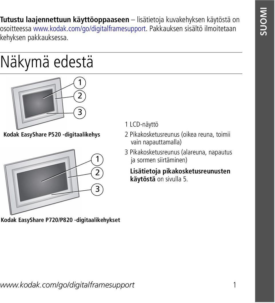 SUOMI Näkymä edestä 1 2 Kodak EasyShare P520 -digitaalikehys 3 1 2 3 1 LCD-näyttö 2 Pikakosketusreunus (oikea reuna, toimii vain