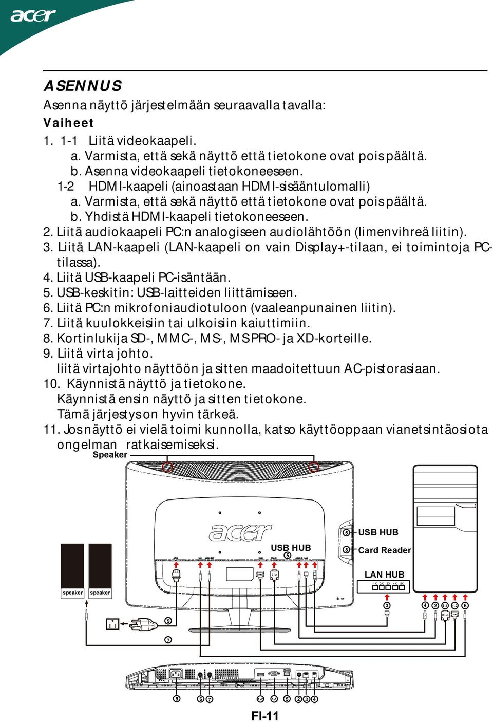 Liitä audiokaapeli PC:n analogiseen audiolähtöön (limenvihreä liitin). 3. Liitä LAN-kaapeli (LAN-kaapeli on vain Display+-tilaan, ei toimintoja PCtilassa). 4. Liitä USB-kaapeli PC-isäntään. 5.