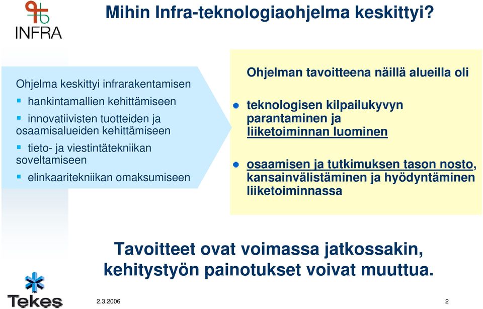 ja viestintätekniikan soveltamiseen elinkaaritekniikan omaksumiseen Ohjelman tavoitteena näillä alueilla oli teknologisen