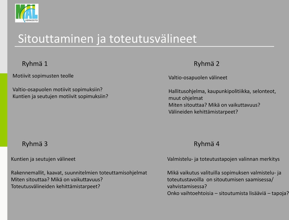 Ryhmä 3 Ryhmä 4 Kuntien ja seutujen välineet Rakennemallit, kaavat, suunnitelmien toteuttamisohjelmat Miten sitouttaa? Mikä on vaikuttavuus?