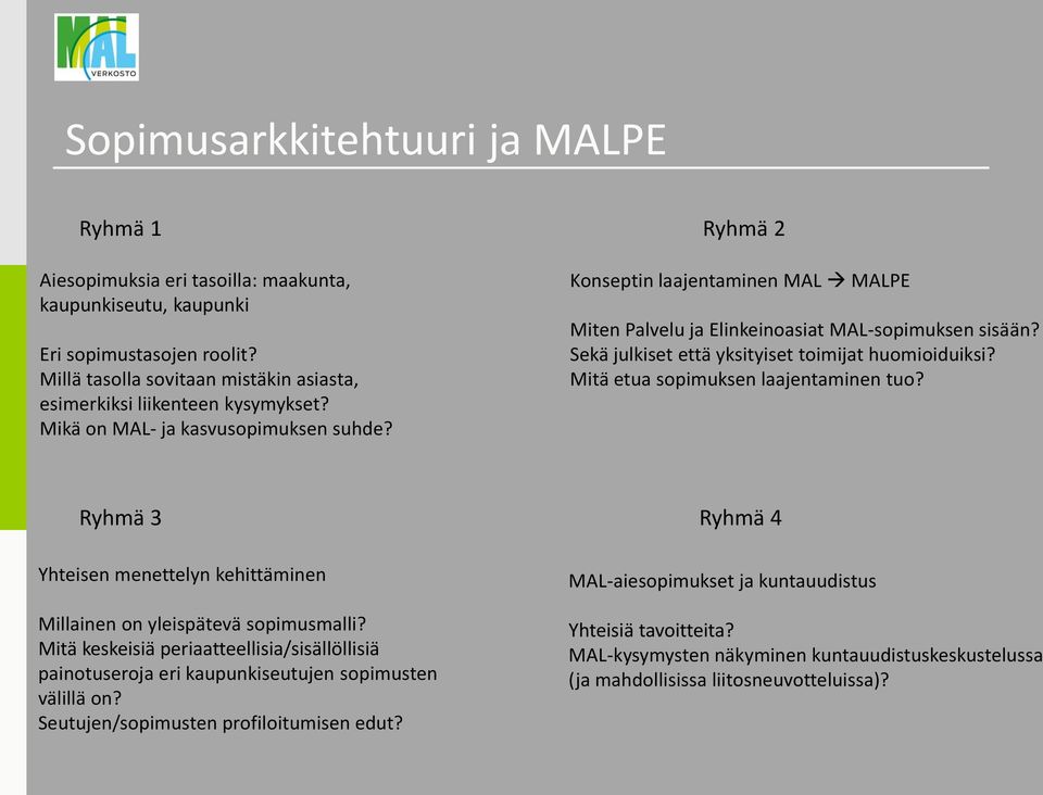 Konseptin laajentaminen MAL MALPE Miten Palvelu ja Elinkeinoasiat MAL-sopimuksen sisään? Sekä julkiset että yksityiset toimijat huomioiduiksi? Mitä etua sopimuksen laajentaminen tuo?