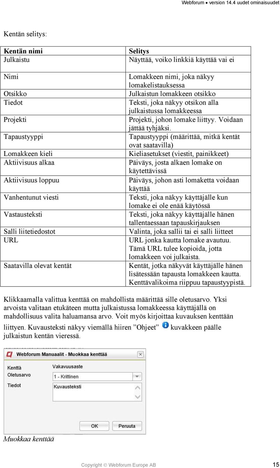 lomakkeessa Projekti, johon lomake liittyy. Voidaan jättää tyhjäksi.