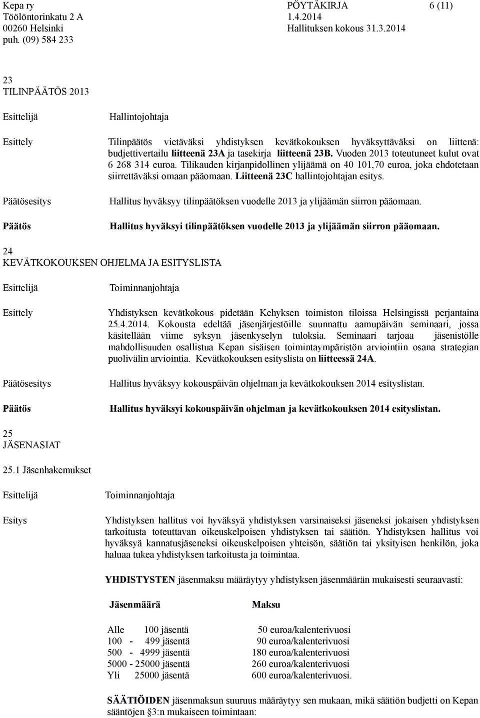 Liitteenä 23C hallintojohtajan esitys. esitys Hallitus hyväksyy tilinpäätöksen vuodelle 2013 ja ylijäämän siirron pääomaan.