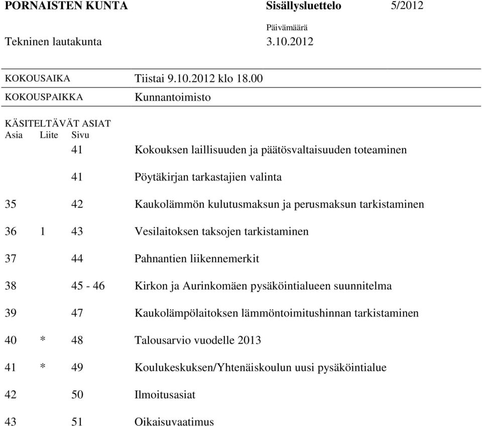 Kaukolämmön kulutusmaksun ja perusmaksun tarkistaminen 36 1 43 Vesilaitoksen taksojen tarkistaminen 37 44 Pahnantien liikennemerkit 38 45-46 Kirkon ja Aurinkomäen