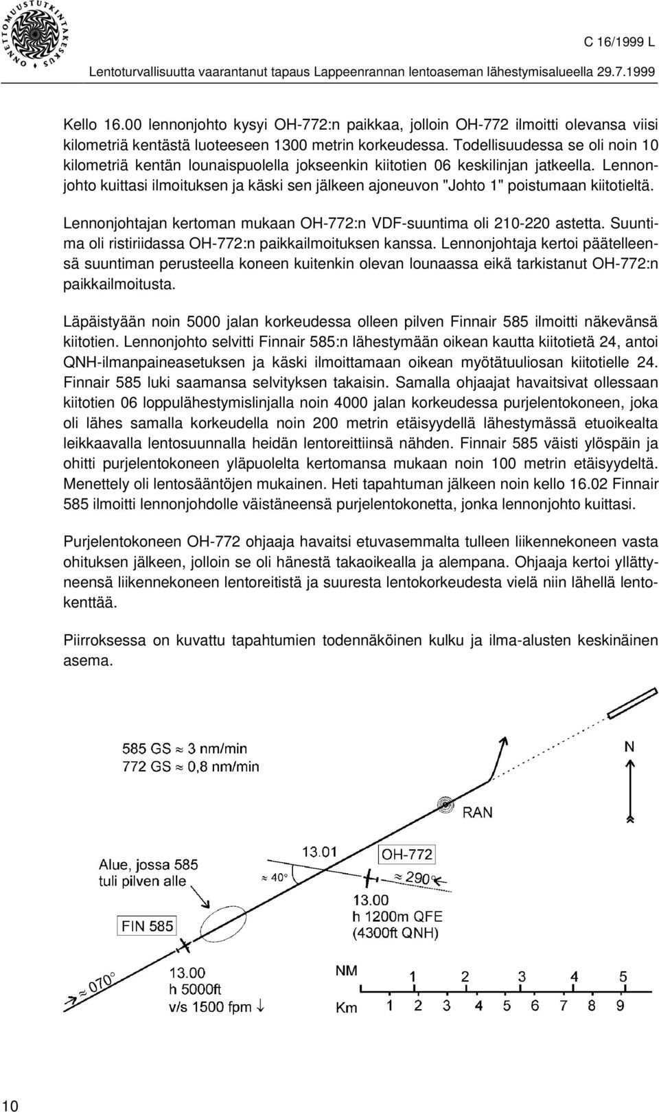 Lennonjohto kuittasi ilmoituksen ja käski sen jälkeen ajoneuvon "Johto 1" poistumaan kiitotieltä. Lennonjohtajan kertoman mukaan OH-772:n VDF-suuntima oli 210-220 astetta.