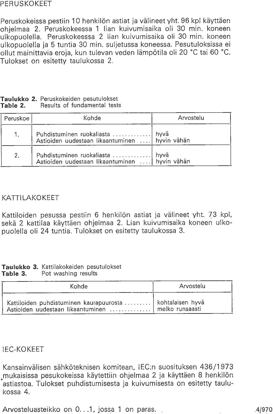 Tulokset on esitetty taulukossa 2. Taulukko 2. Peruskokeiden pesutulokset Table 2. Results of fundamental tests Peruskoe Kohde Arvostelu '1.