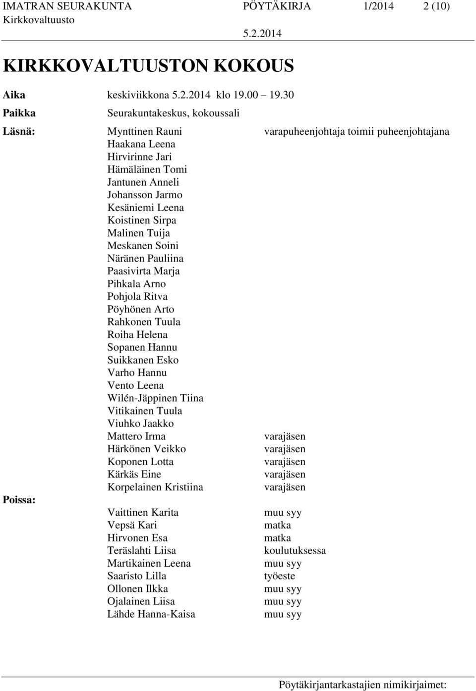 Koistinen Sirpa Malinen Tuija Meskanen Soini Näränen Pauliina Paasivirta Marja Pihkala Arno Pohjola Ritva Pöyhönen Arto Rahkonen Tuula Roiha Helena Sopanen Hannu Suikkanen Esko Varho Hannu Vento