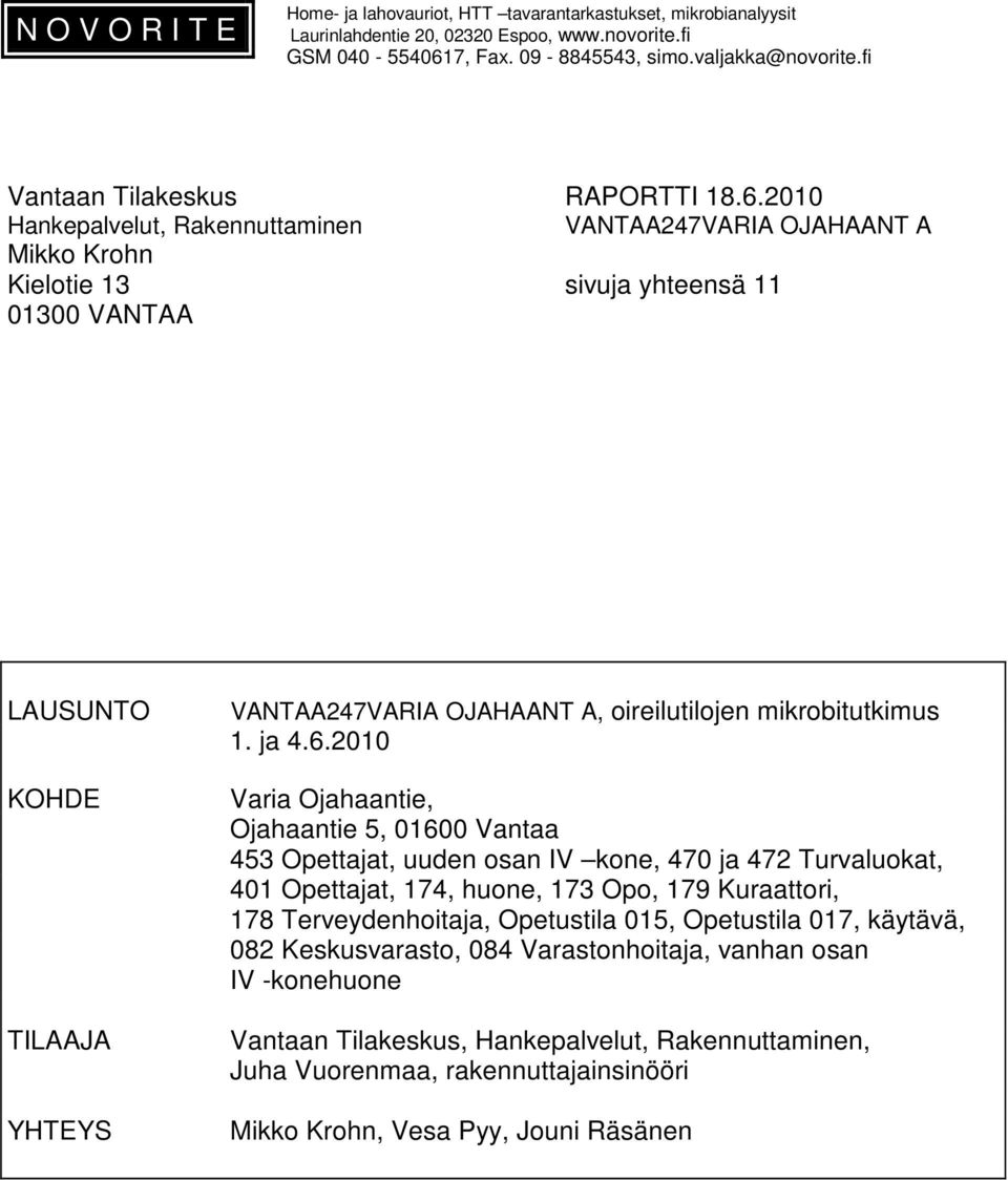 2010 Hankepalvelut, Rakennuttaminen VANTAA247VARIA OJAHAANT A Mikko Krohn Kielotie 13 sivuja yhteensä 11 01300 VANTAA LAUSUNTO KOHDE TILAAJA YHTEYS VANTAA247VARIA OJAHAANT A, oireilutilojen