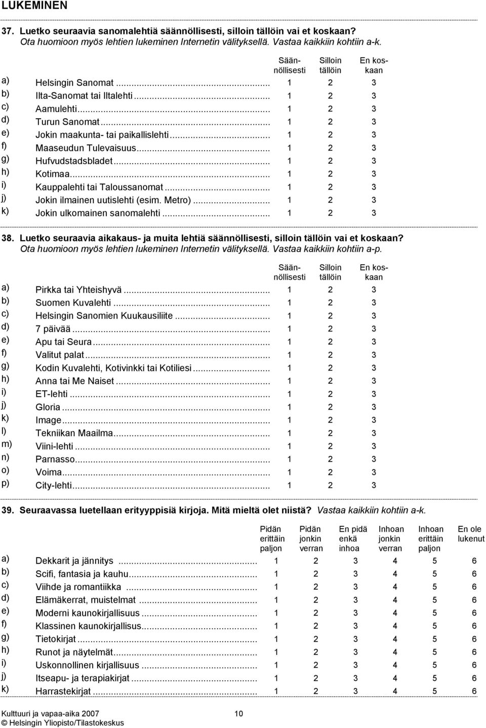 .. 1 2 3 f) Maaseudun Tulevaisuus... 1 2 3 g) Hufvudstadsbladet... 1 2 3 h) Kotimaa... 1 2 3 i) Kauppalehti tai Taloussanomat... 1 2 3 j) Jokin ilmainen uutislehti (esim. Metro).