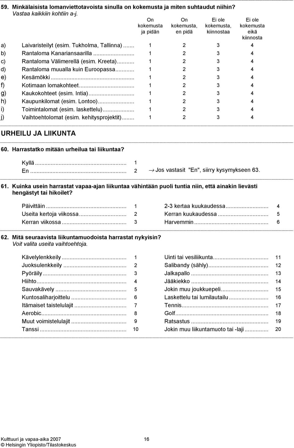 .. 1 2 3 4 c) Rantaloma Välimerellä (esim. Kreet... 1 2 3 4 d) Rantaloma muualla kuin Euroopassa... 1 2 3 4 e) Kesämökki... 1 2 3 4 f) Kotimaan lomakohteet... 1 2 3 4 g) Kaukokohteet (esim. Inti.