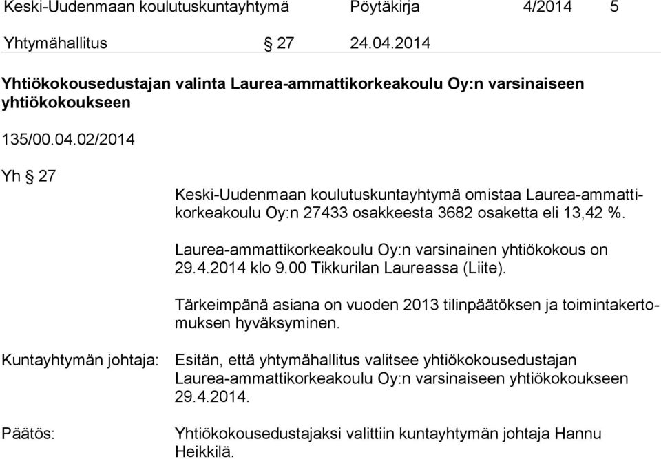 02/2014 Yh 27 Keski-Uudenmaan koulutuskuntayhtymä omistaa Lau rea-am mat tikor kea kou lu Oy:n 27433 osakkeesta 3682 osaketta eli 13,42 %.