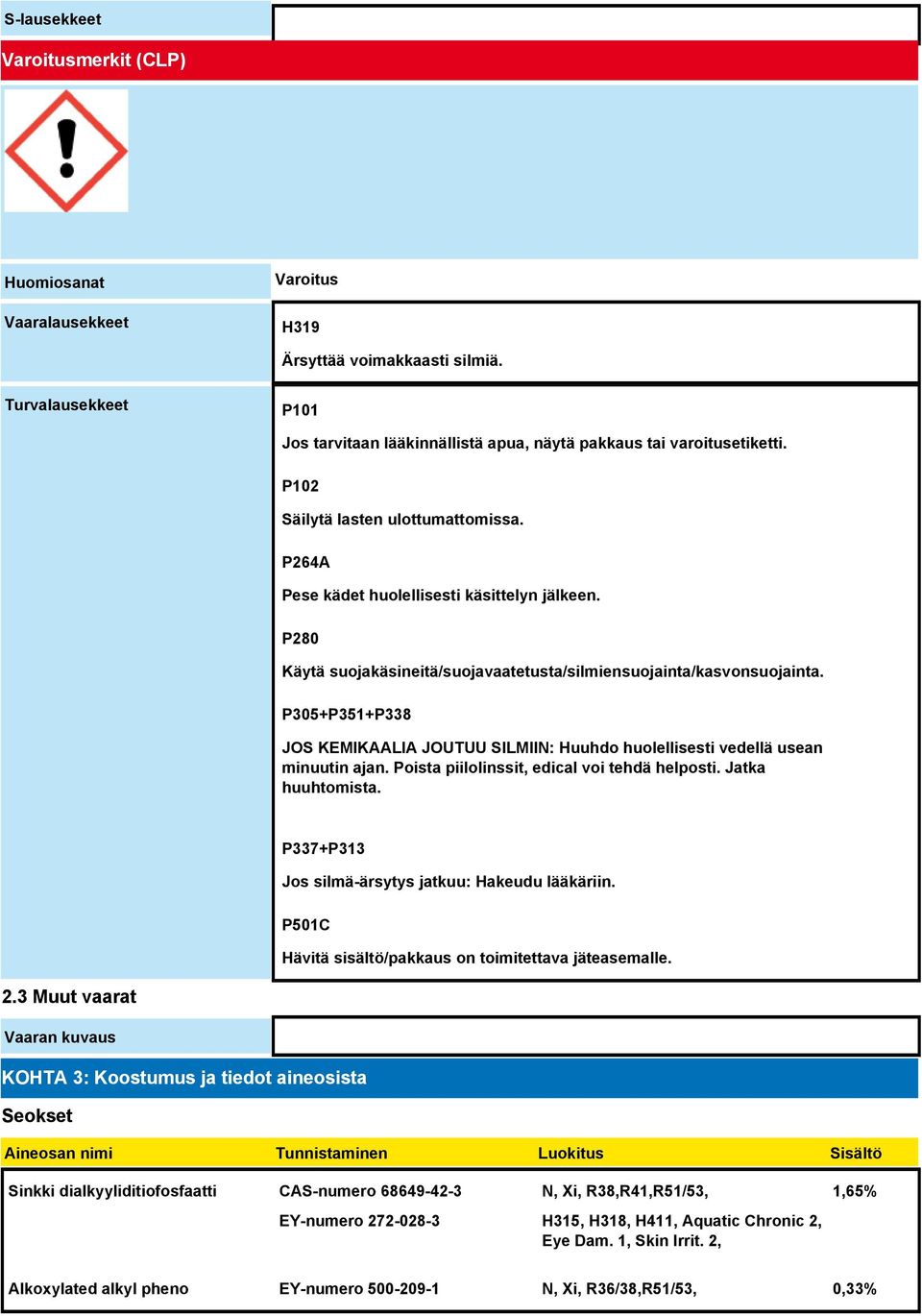 P305+P351+P338 JOS KEMIKAALIA JOUTUU SILMIIN: Huuhdo huolellisesti vedellä usean minuutin ajan. Poista piilolinssit, edical voi tehdä helposti. Jatka huuhtomista.