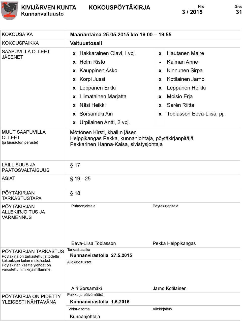 x Hautanen Maire x Holm Risto - Kalmari Anne x Kauppinen Asko x Kinnunen Sirpa x Korpi Jussi x Kotilainen Jarno x Leppänen Erkki x Leppänen Heikki x Liimatainen Marjatta x Moisio Erja x Näsi Heikki x