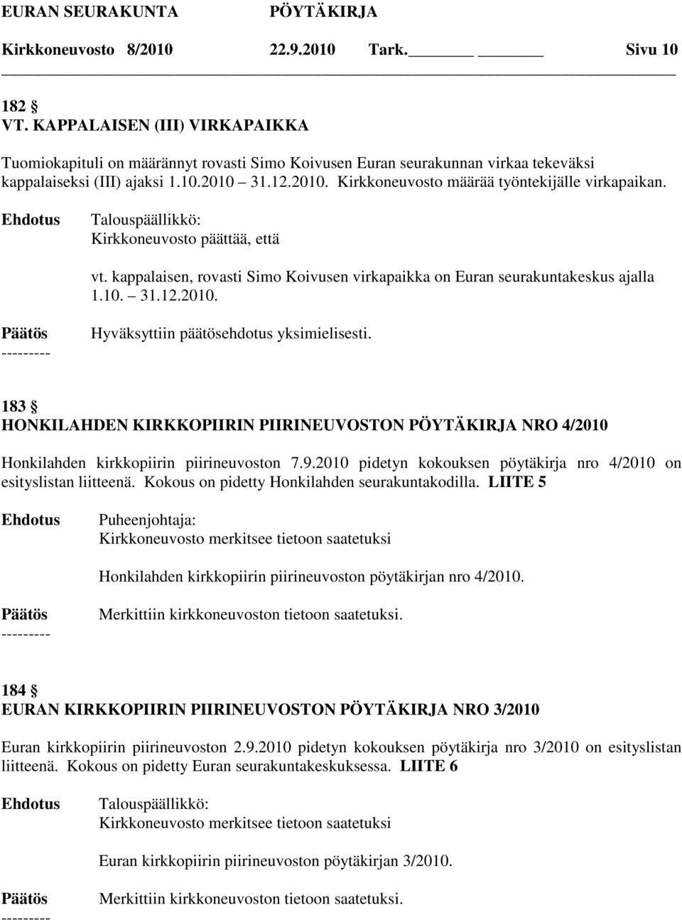 9.2010 pidetyn kokouksen pöytäkirja nro 4/2010 on esityslistan liitteenä. Kokous on pidetty Honkilahden seurakuntakodilla.