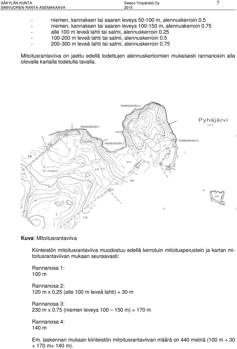 75 Mitoitusrantaviiva on jaettu edellä todettujen alennuskertoimien mukaisesti rannanosiin alla olevalla kartalla todetulla tavalla.